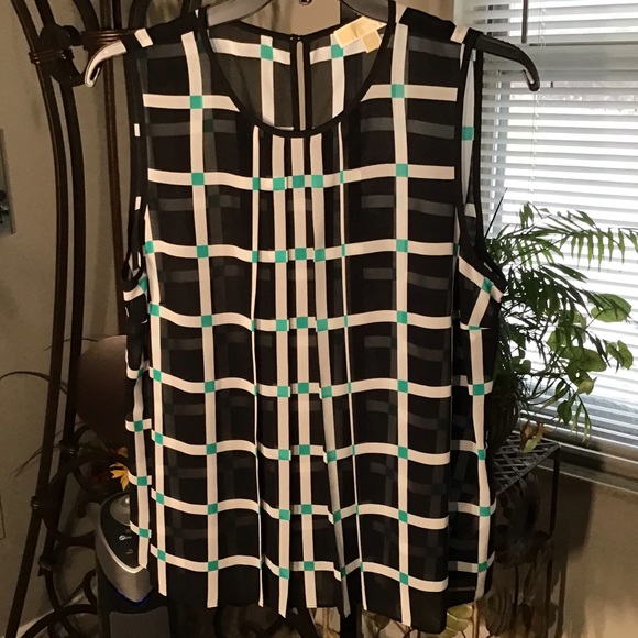 🟡MICHAEL KORS NWOT AUTHENTIC BLACK/WHITE / GREEN SHEER SLEEVELESS BLOUSE - Picture 3 of 11
